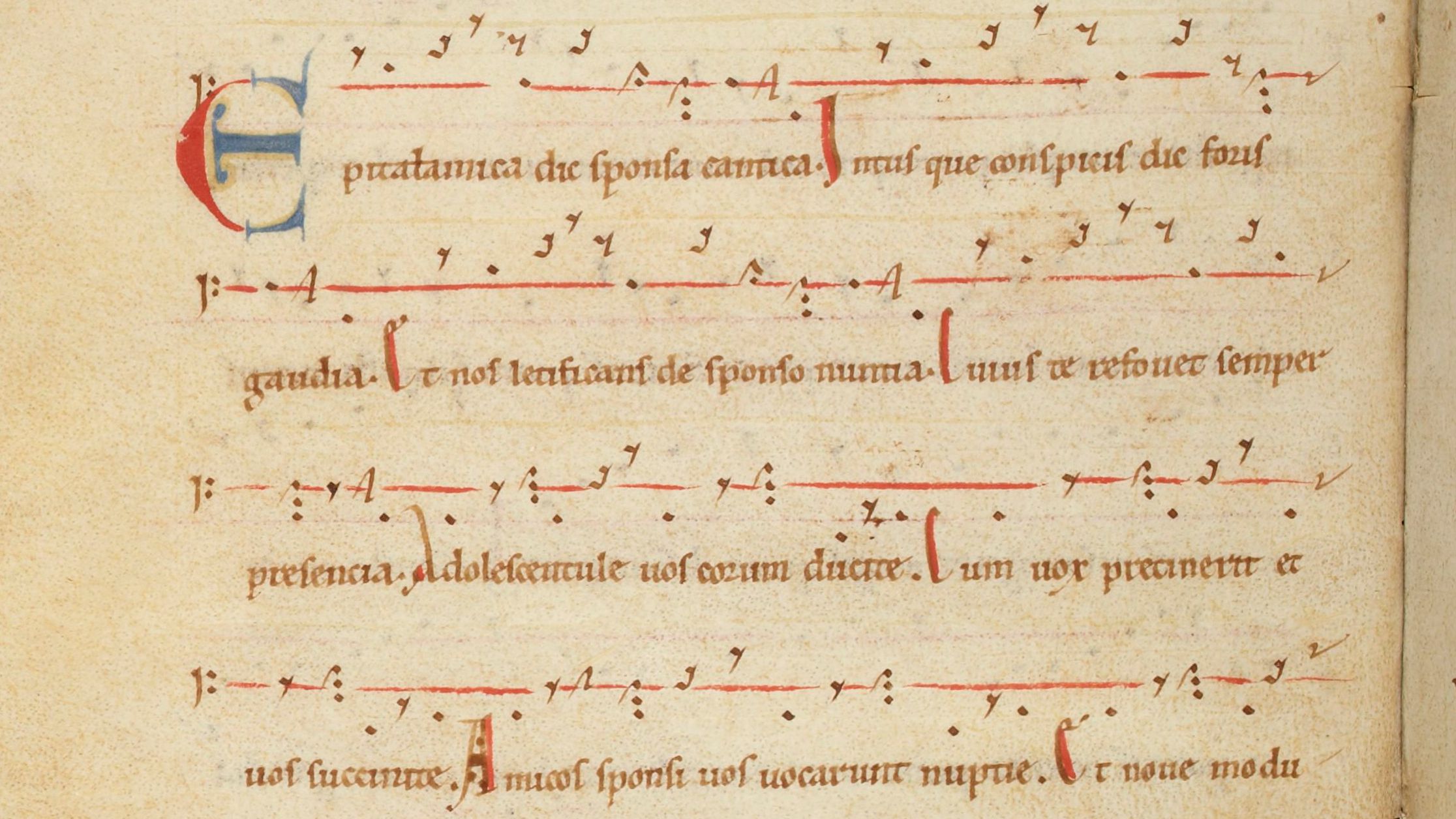 Manuscript of plainchant written in neumes with red, blue, and brown ink.”