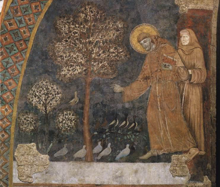 St. Francis speaks to birds of several species, gathered under a tree. A serious-looking brother stands behind Francis.