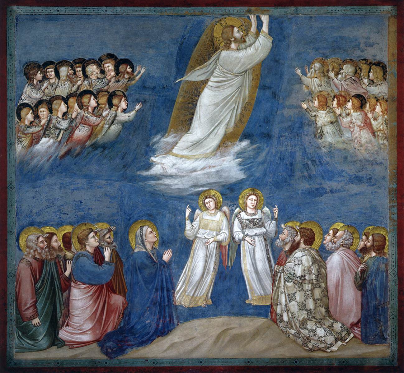 Christ, top center, ascends into heaven, his hands extending beyond the edge of the fresco. Groups of angels are at his left and right. Below, two white-robed figures, center, point up at Christ, while kneeling people to both sides gaze up in wonder.