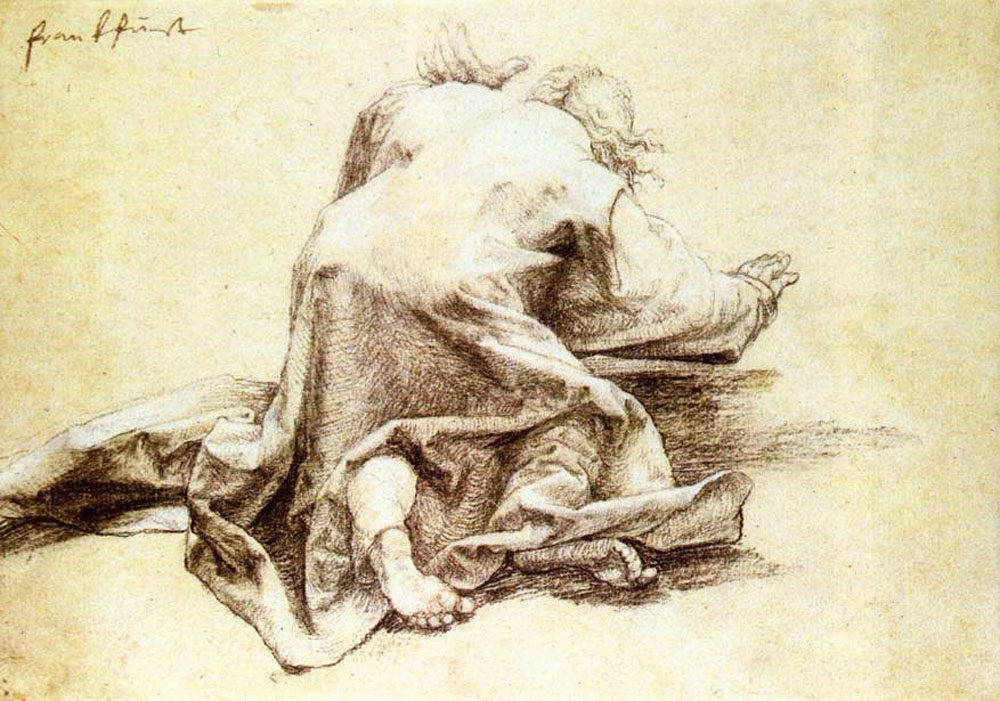 Drawing on brown paper and black chalk with white highlights. A long-haired, barefooted apostle, facing away from the viewer, has dropped to their hands and knees in awe. A sheet of fabric is spread over their body, leaving only the soles of the feet, the back of the head, and part of the right hand visible. Something has been written in the top left corner.